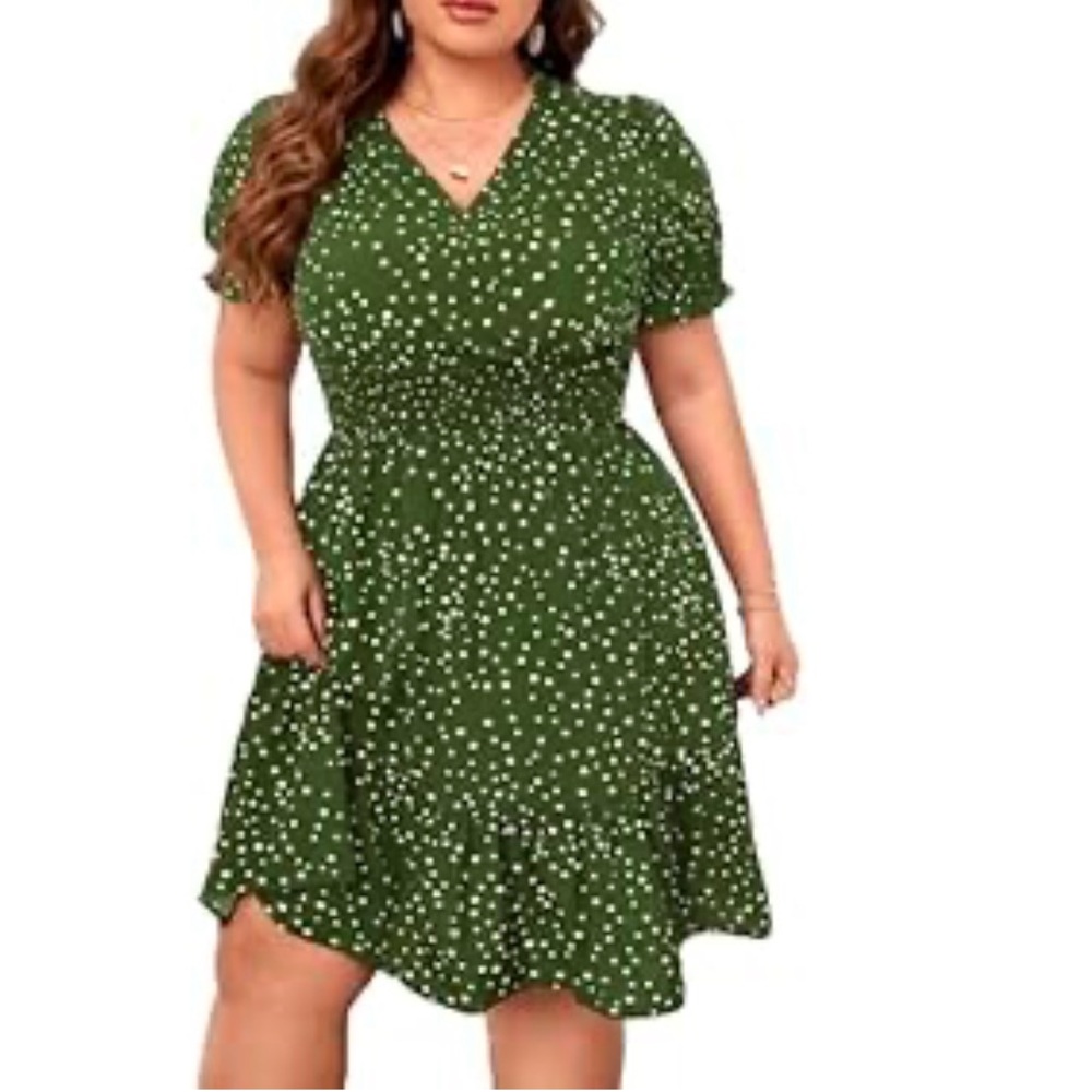 Floerns Women's Plus Size Polka Dots Puff Short Sleeve Wrap V Neck A Line Dress